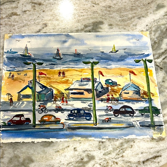 Colorful Beach Scene Painting original stamped wall art.  15” x 11” - Picture 1 of 5